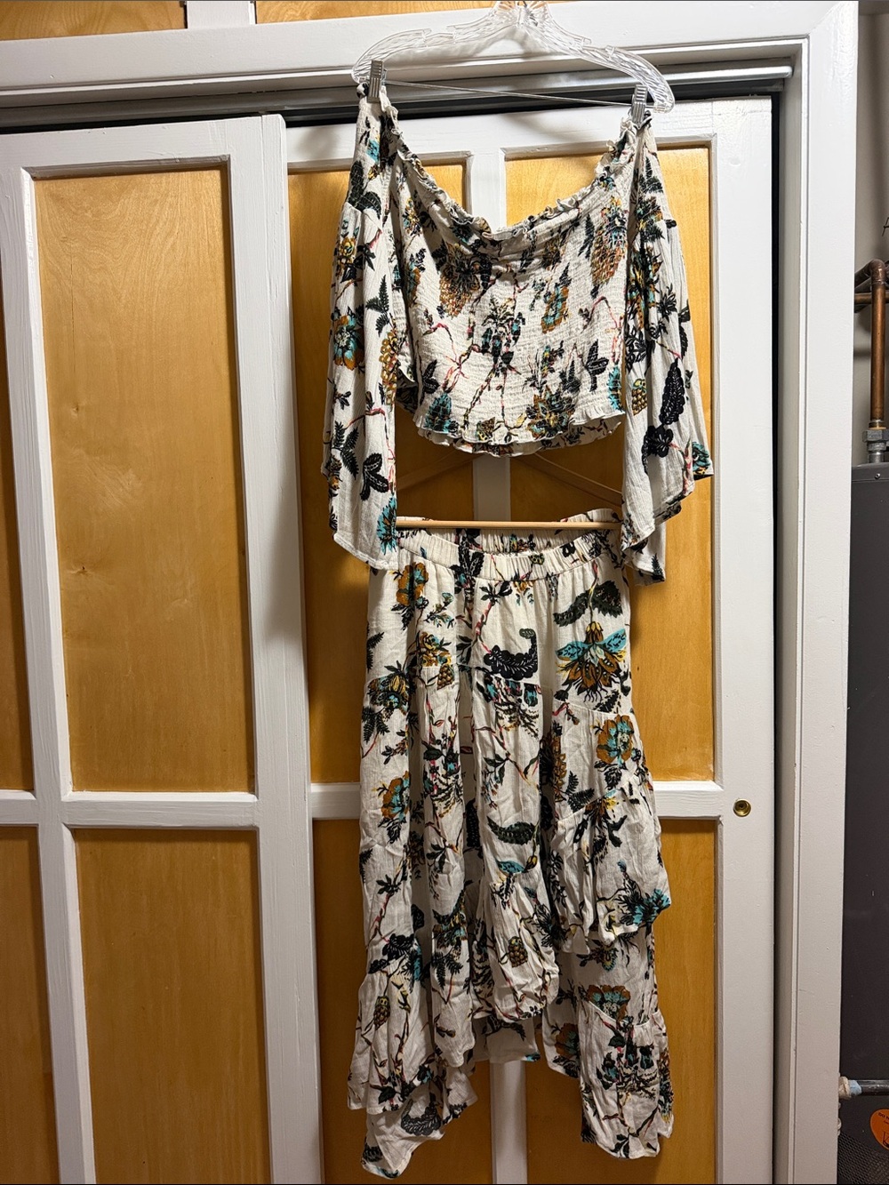 bp Cream Floral Off-Shoulder Smocked Top with Teal & Mustard Accents
